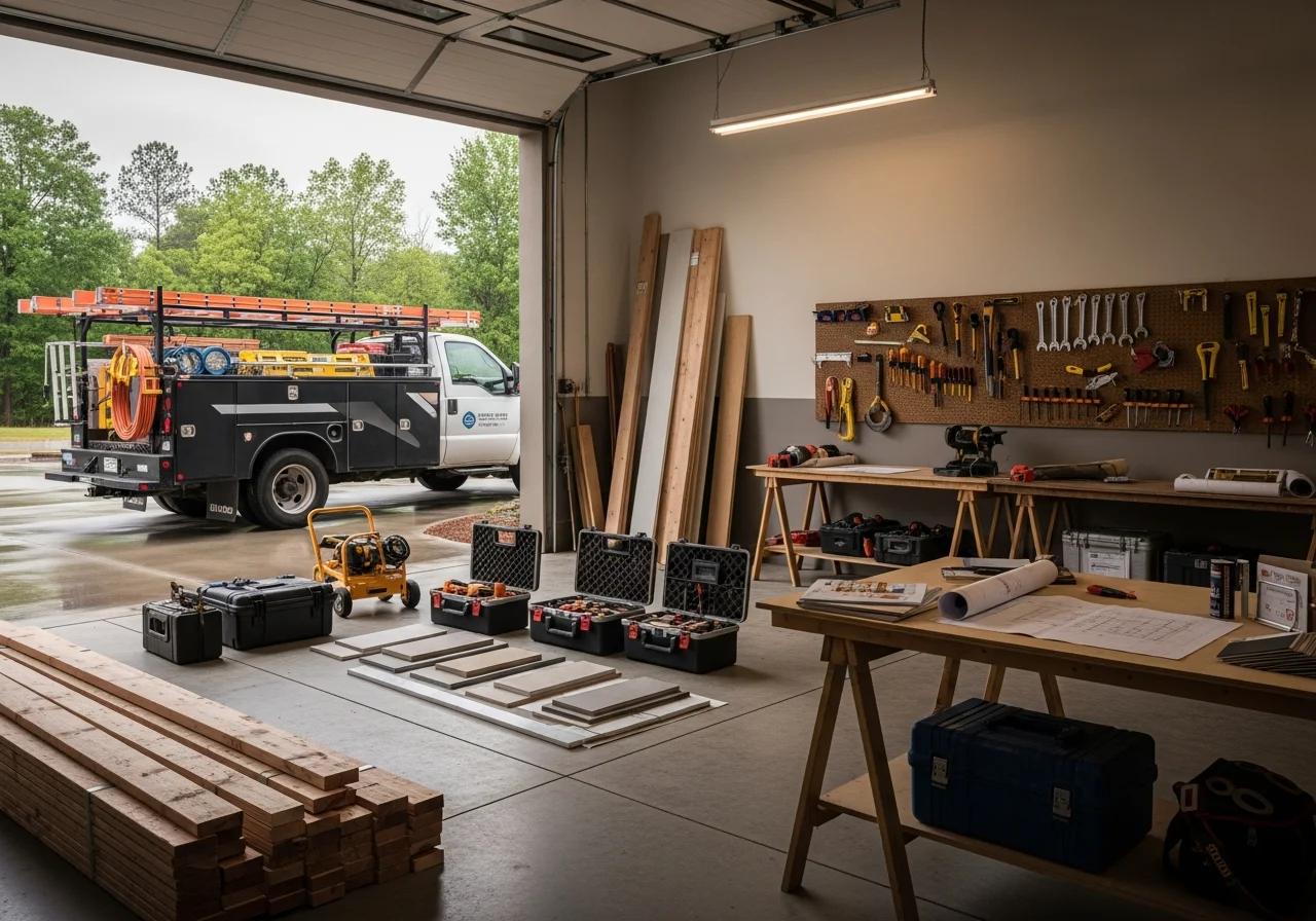 Construction crew and tools on a residential job site, showcasing professional workmanship and equipment readiness.
