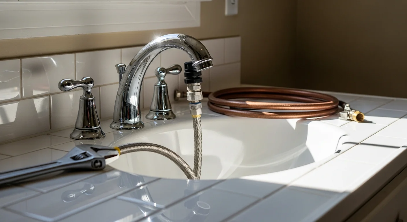 Plumber installing fixtures in modern bathroom renovation