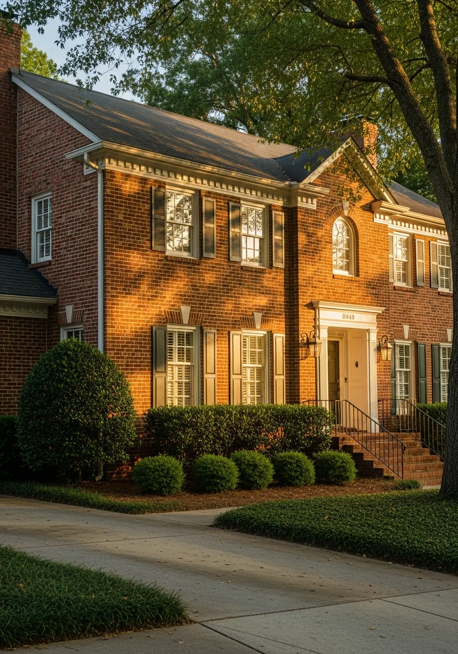 Close-up of a well-maintained Atlanta home exterior with mature landscaping and clear driveway access.