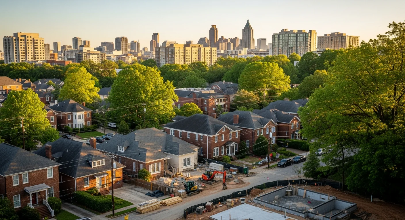 Wide view of Atlanta skyline with residential neighborhoods in foreground, showing mix of single-family homes and mid-rise buildings.