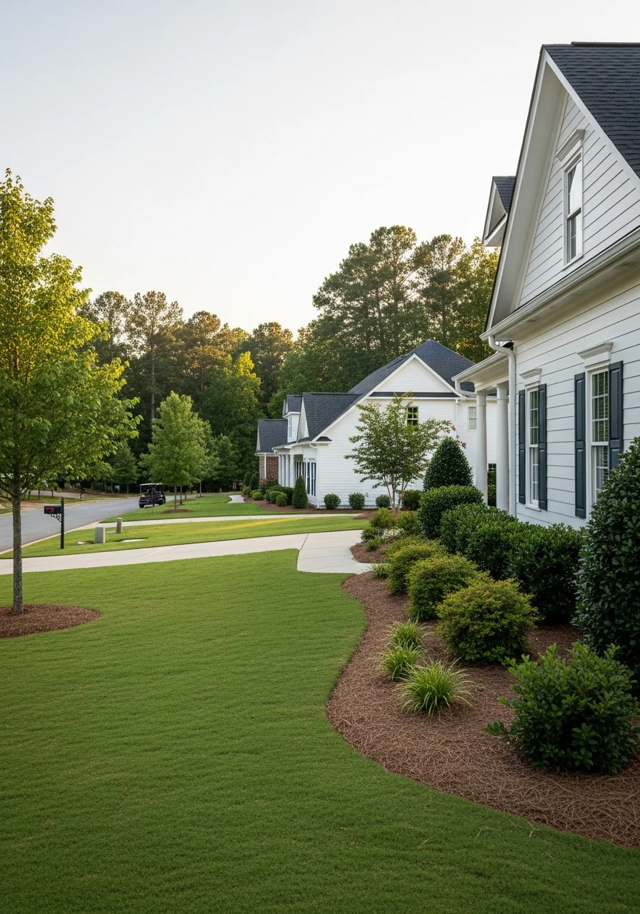 Peachtree City home with manicured lawn, professional landscaping, and clear sight lines typical of planned community standards.