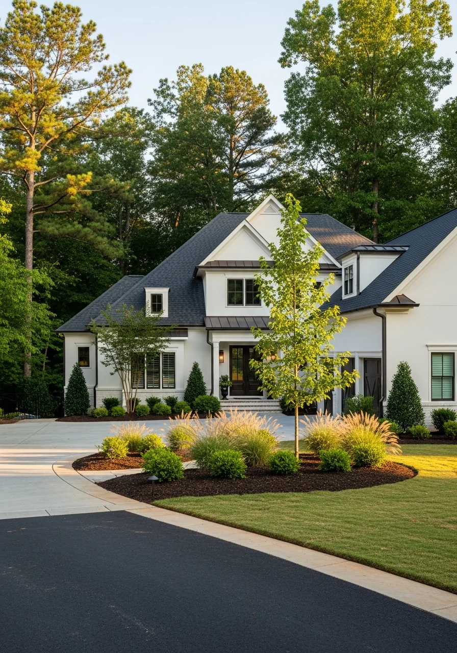 Contemporary Sandy Springs home with professional landscaping, clean driveway, and well-maintained exterior finishes.