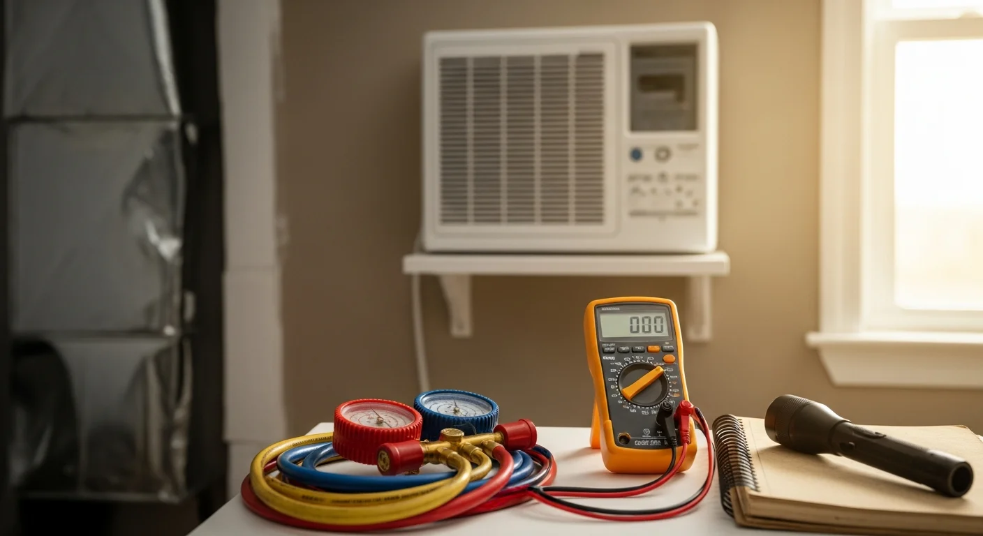 A Tru Property Solutions HVAC technician inspecting an outdoor air conditioning condenser unit at an Atlanta residential property on a hot summer day. The technician is checking refrigerant lines and electrical connections on a central AC system with a suburban Atlanta home visible in the background.