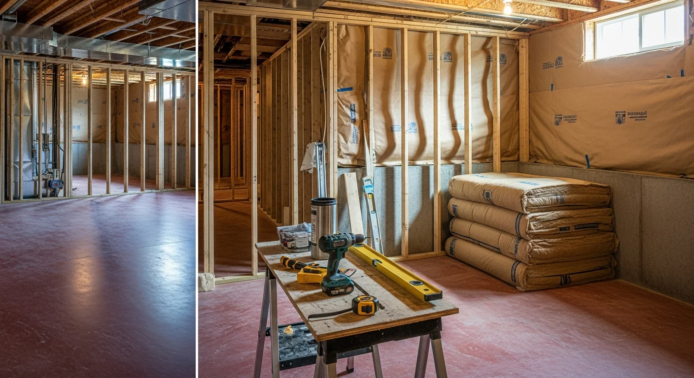 A newly finished Atlanta basement with recessed lighting, neutral drywall walls, and luxury vinyl plank flooring, converted from an unfinished concrete space into a clean living area. The room shows framed walls and a ceiling with visible HVAC vents, typical of a general contractor basement finishing project in the Atlanta metro area.