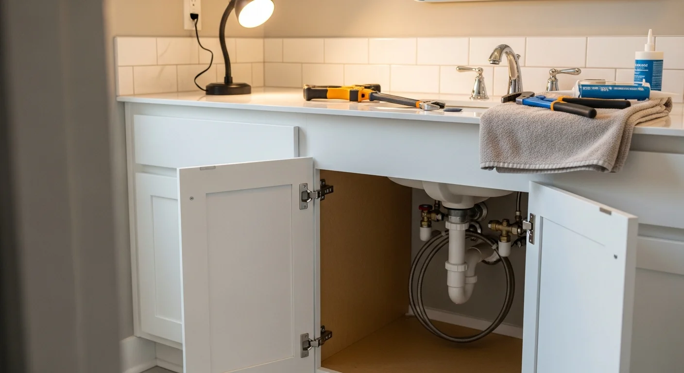 A repaired bathroom sink with new supply lines and a leak-free drain connection in an Atlanta home. A plumber's tools rest on the vanity counter after completing the fixture installation.