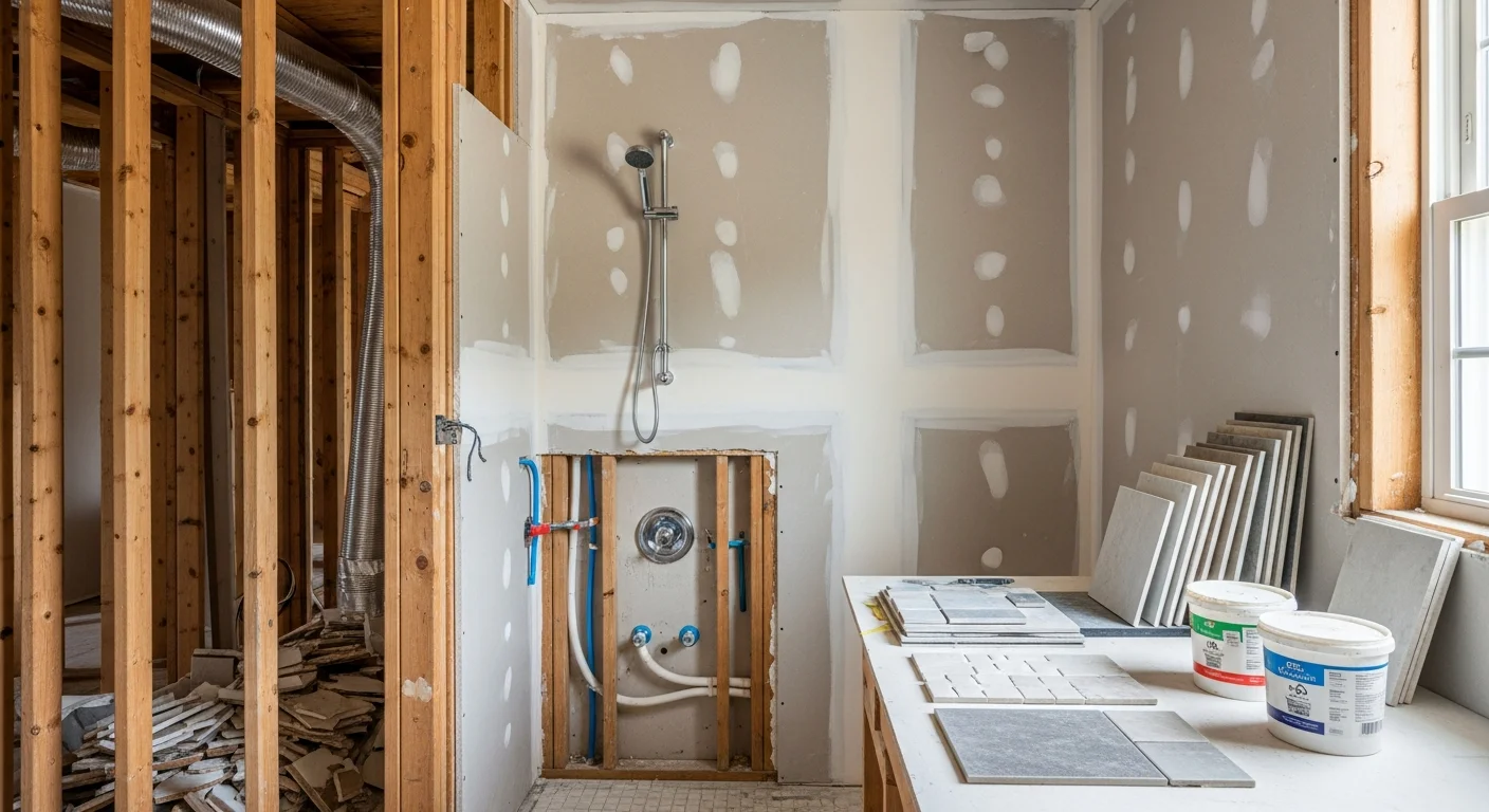Renovated Atlanta bathroom featuring a walk-in shower with large-format tile, a floating vanity, and updated lighting. Work completed by Tru Property Solutions, a licensed general contractor serving Atlanta homeowners.