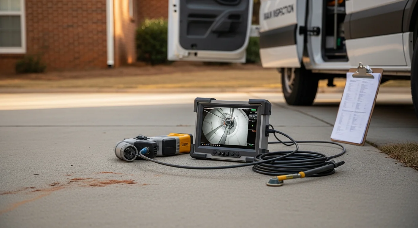 A licensed plumber from Tru Property Solutions inspecting an exposed drain line at an Atlanta residential property. The image shows a cracked clay pipe section with visible root intrusion being assessed before repair.