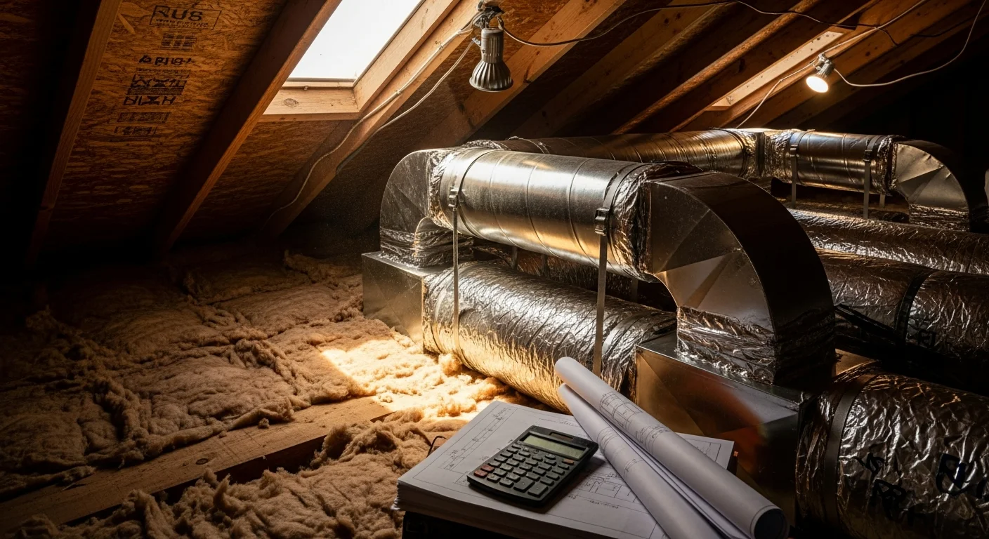HVAC technician installing insulated ductwork in the attic of an Atlanta residential home, with new sealed duct runs visible against the roof framing. The installation shows properly fitted supply and return lines ready for airflow testing.
