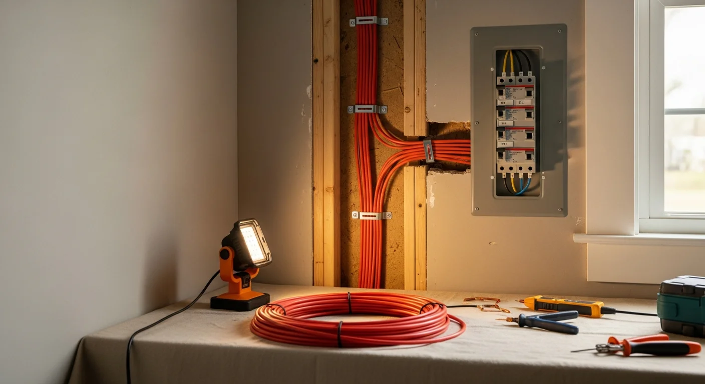 A licensed electrician from Tru Property Solutions installing a new electrical panel in an Atlanta residential home. The panel box is open, showing neatly organized circuit breakers and labeled wiring connections.