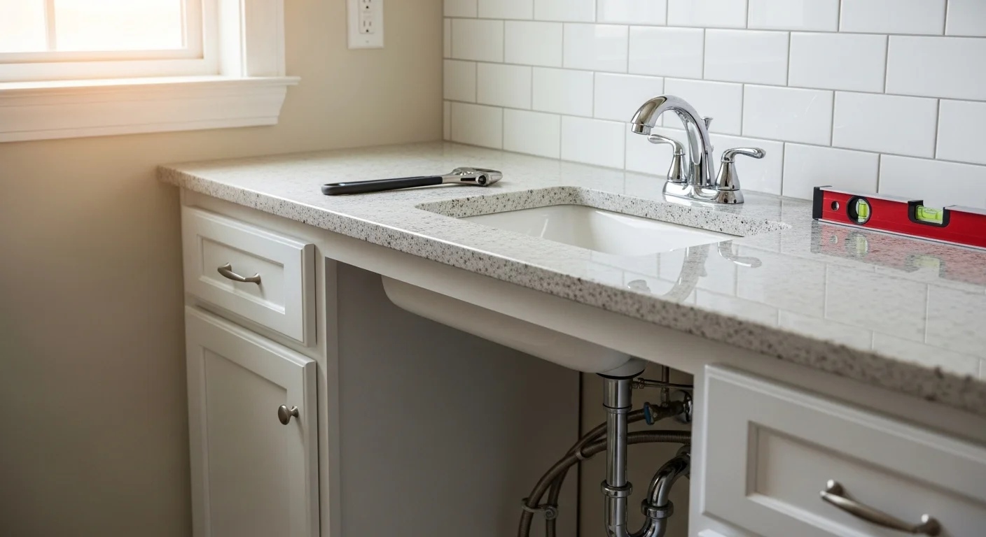 A licensed plumber from Tru Property Solutions installing a bathroom sink fixture in an Atlanta home, with supply lines and drain connections visible beneath the vanity. The finished installation shows a properly seated faucet and clean supply line connections in a residential bathroom.