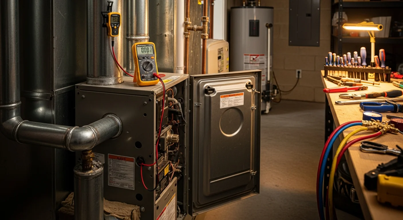 An HVAC technician inspecting the internal components of a gas furnace inside an Atlanta home during a heating system repair visit. The technician examines the heat exchanger and ignition assembly with diagnostic tools in a utility room.