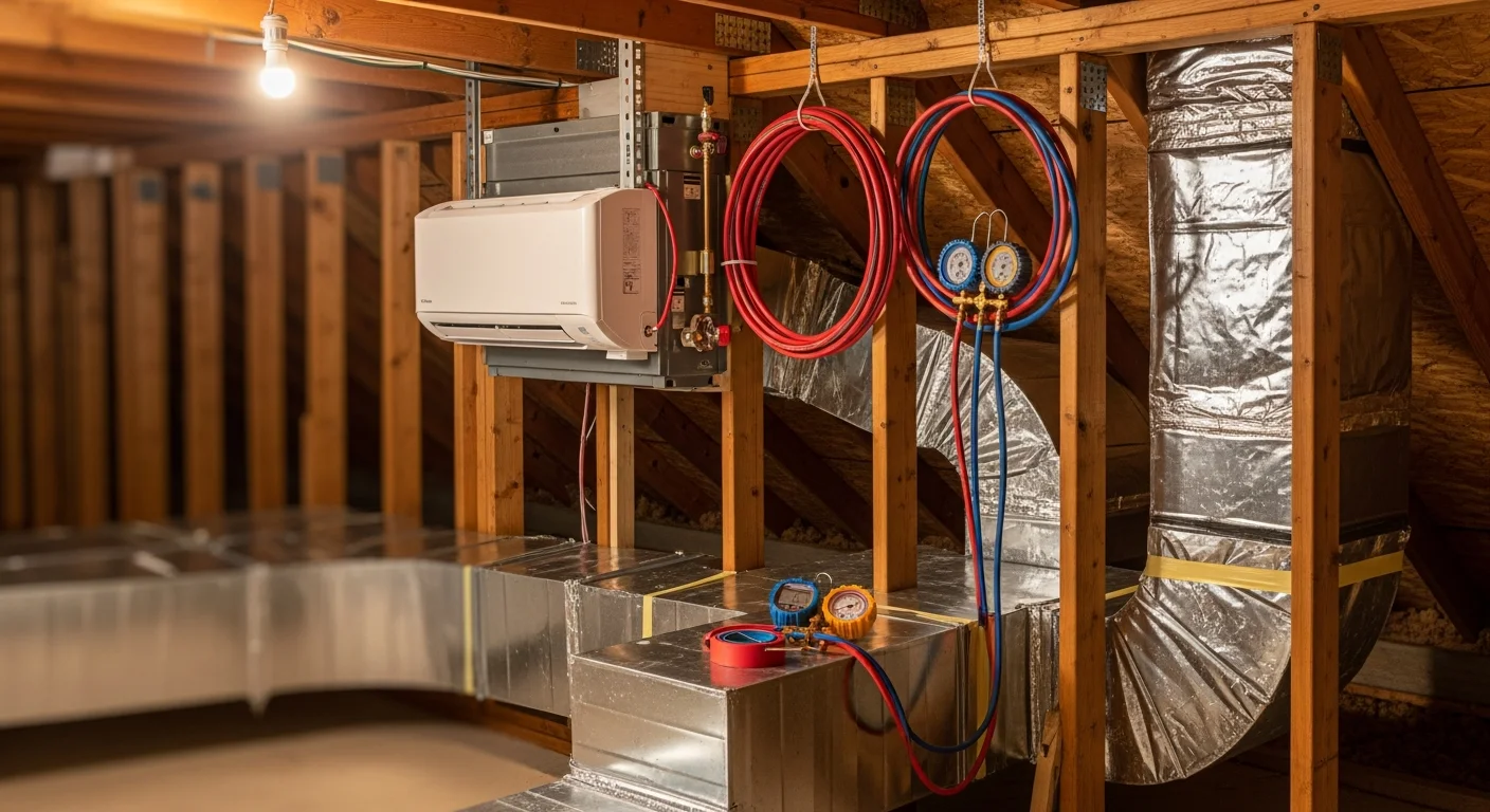 A licensed HVAC technician from Tru Property Solutions completing an outdoor condenser unit installation at a residential property in Atlanta, Georgia. The unit is positioned beside a single-family home with the technician checking refrigerant lines and electrical connections.
