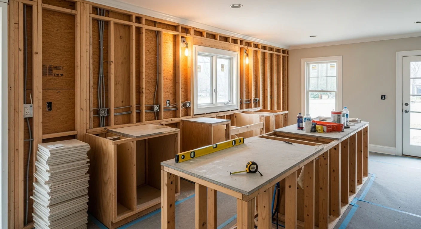 A remodeled kitchen in an Atlanta home featuring new cabinetry, updated countertops, and an open layout connecting to the living area. Work completed by Tru Property Solutions, a licensed general contractor serving the Atlanta metro area.