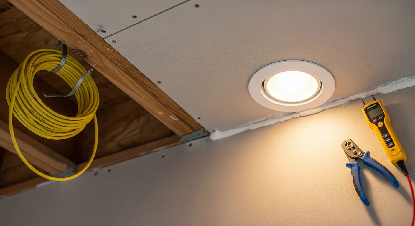 A licensed electrician from Tru Property Solutions installing a recessed light fixture in the ceiling of an Atlanta home. The work area shows exposed junction box wiring being connected before the fixture trim is secured.