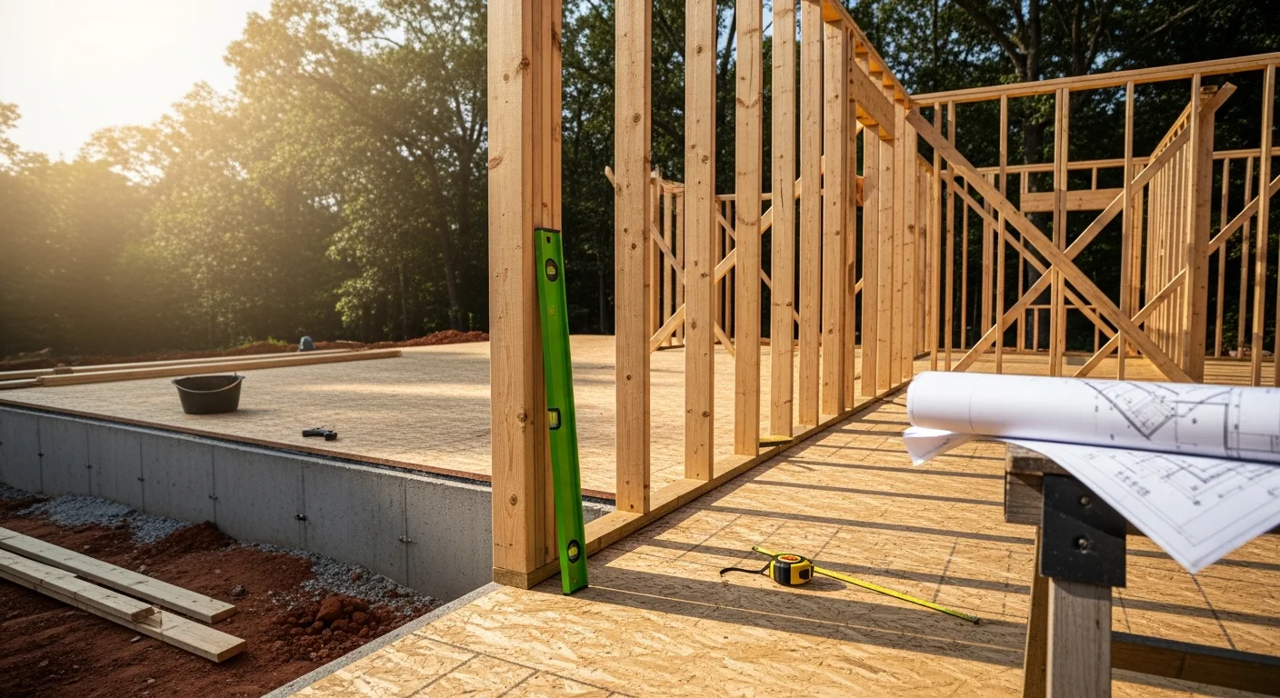 A newly framed residential structure under construction on an Atlanta infill lot, with exposed wood framing and a concrete foundation visible against a clear sky. A general contractor reviews building plans on site during the framing phase of a new home build in Atlanta, Georgia.