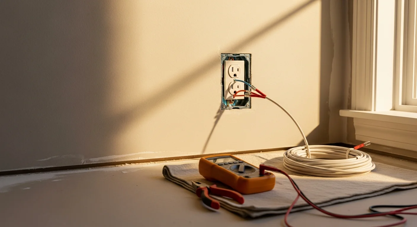A licensed electrician from Tru Property Solutions installs a new GFCI outlet in an Atlanta home kitchen, with clean wiring visible in the open wall box. The finished outlet sits flush against a white wall tile backsplash near the sink.