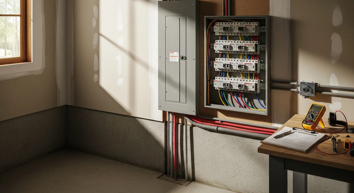 A licensed electrician from Tru Property Solutions installing a new residential electrical panel in an Atlanta home, with organized wiring and clearly labeled circuit breakers visible inside the open panel enclosure.