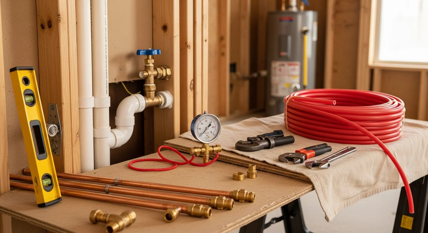A licensed plumber from Tru Property Solutions connecting supply and drain lines beneath a bathroom sink in an Atlanta residential property. New pipe fittings and a clean fixture installation are visible under the cabinet.