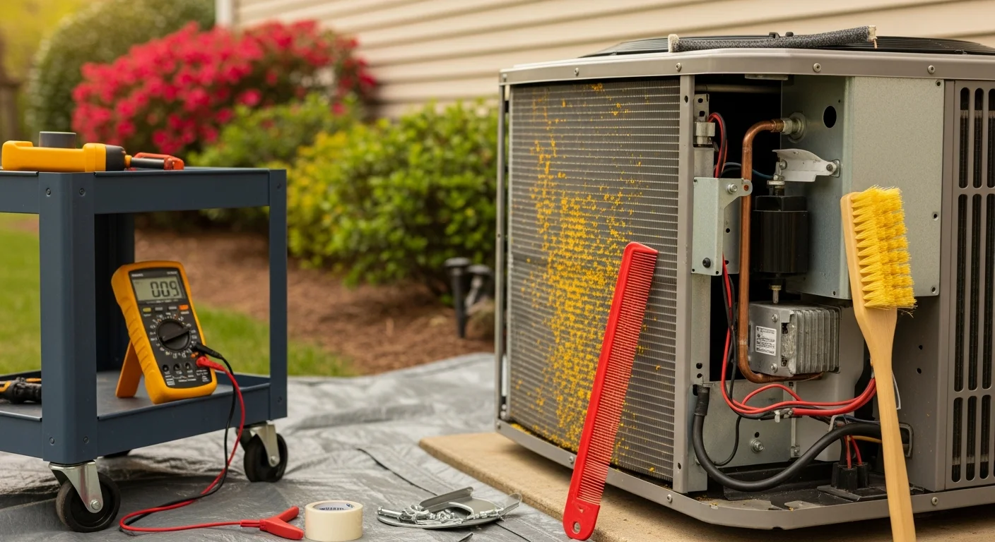 A Tru Property Solutions HVAC technician inspecting an outdoor condenser unit at an Atlanta residential property. The technician is clearing debris from the unit cabinet and checking internal components during a routine system maintenance visit.