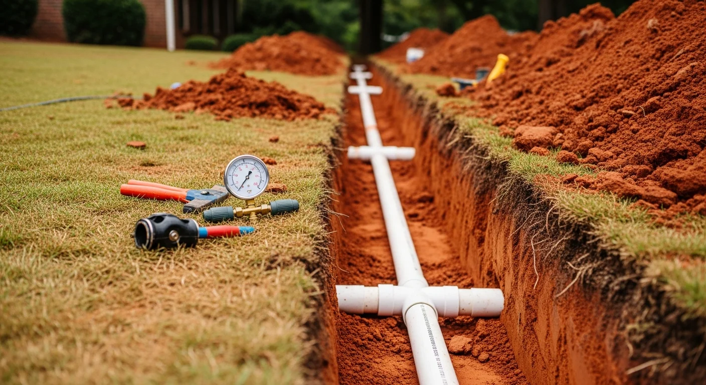 A plumber from Tru Property Solutions inspecting a newly replaced residential water line in an Atlanta yard, with fresh pipe visible in an open trench alongside red clay soil. The surrounding lawn shows minimal disturbance from the excavation work.