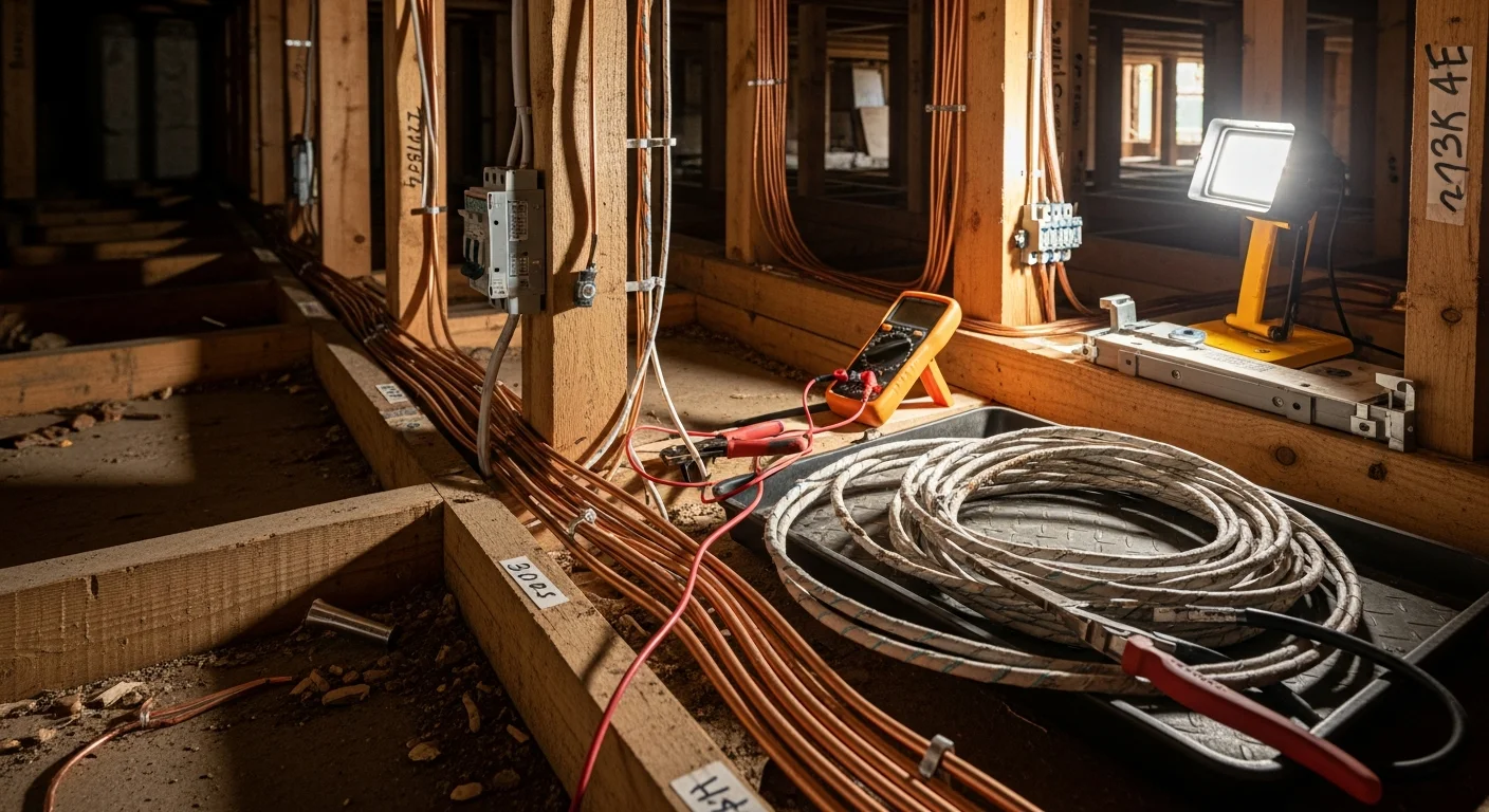 A licensed electrician from Tru Property Solutions installing new copper wiring inside the wall cavity of an older Atlanta home. The image shows removed cloth-insulated wiring beside freshly run modern wiring in a residential attic space.
